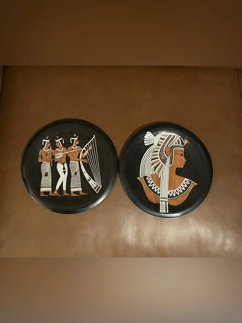 Vtg Hammered Copper Wall Plates w/ Egyptian Motif in Mixed Metals. Set of 2.